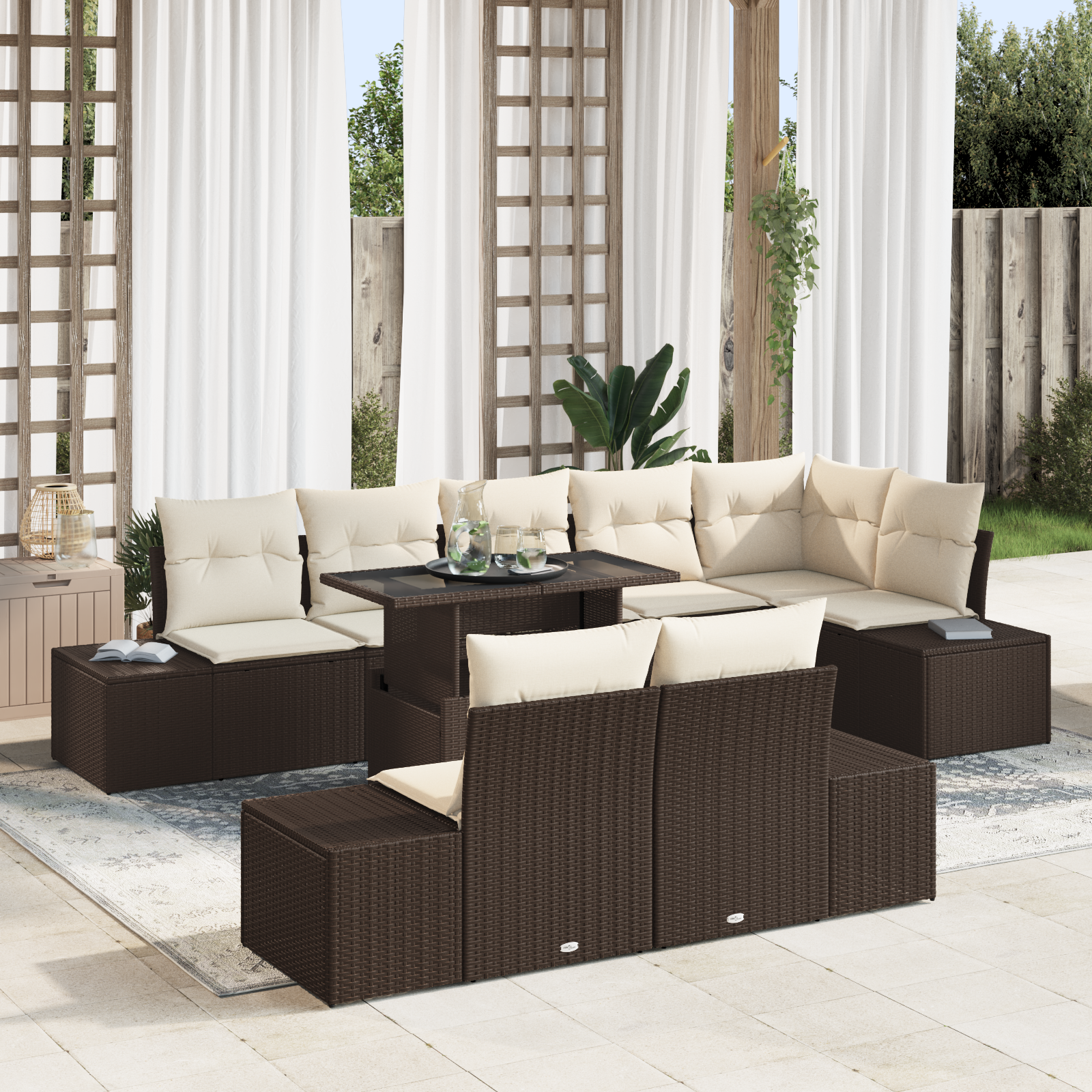 Set da giardino 9 pezzi con cuscini in rattan polietileno marrone