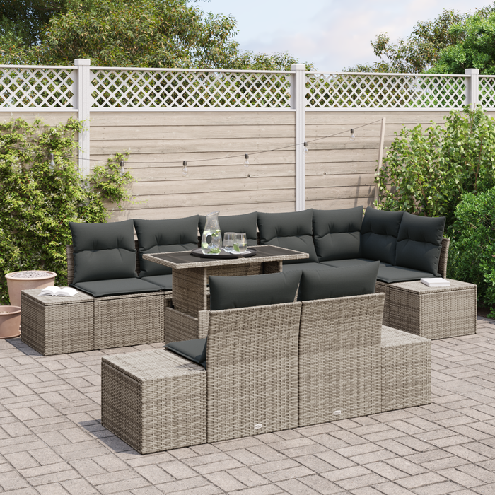 Set Divano da Giardino 9 Pezzi con Cuscini Grigio in Polyrattan