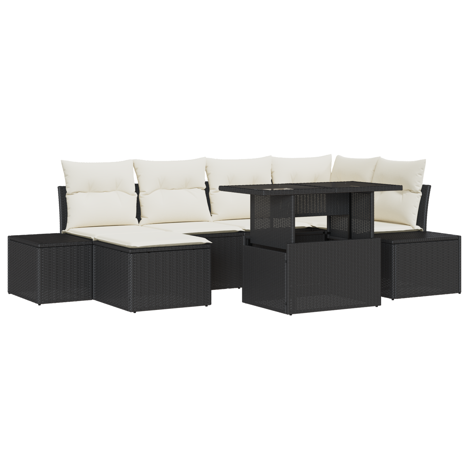 Set da giardino a 7 pezzi con cuscini in rattan nero