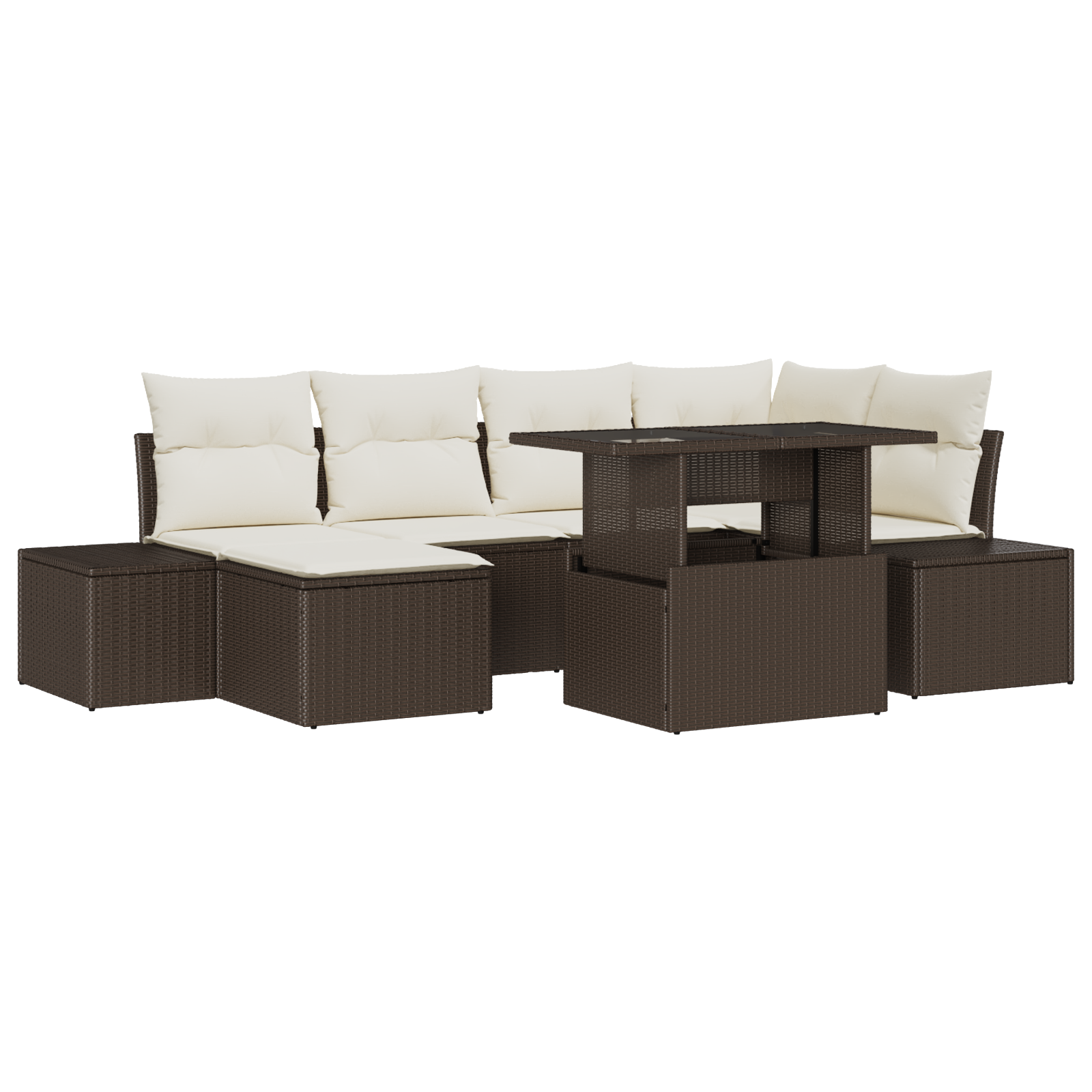 Set da giardino 7 pezzi con cuscini in polyrattan marrone