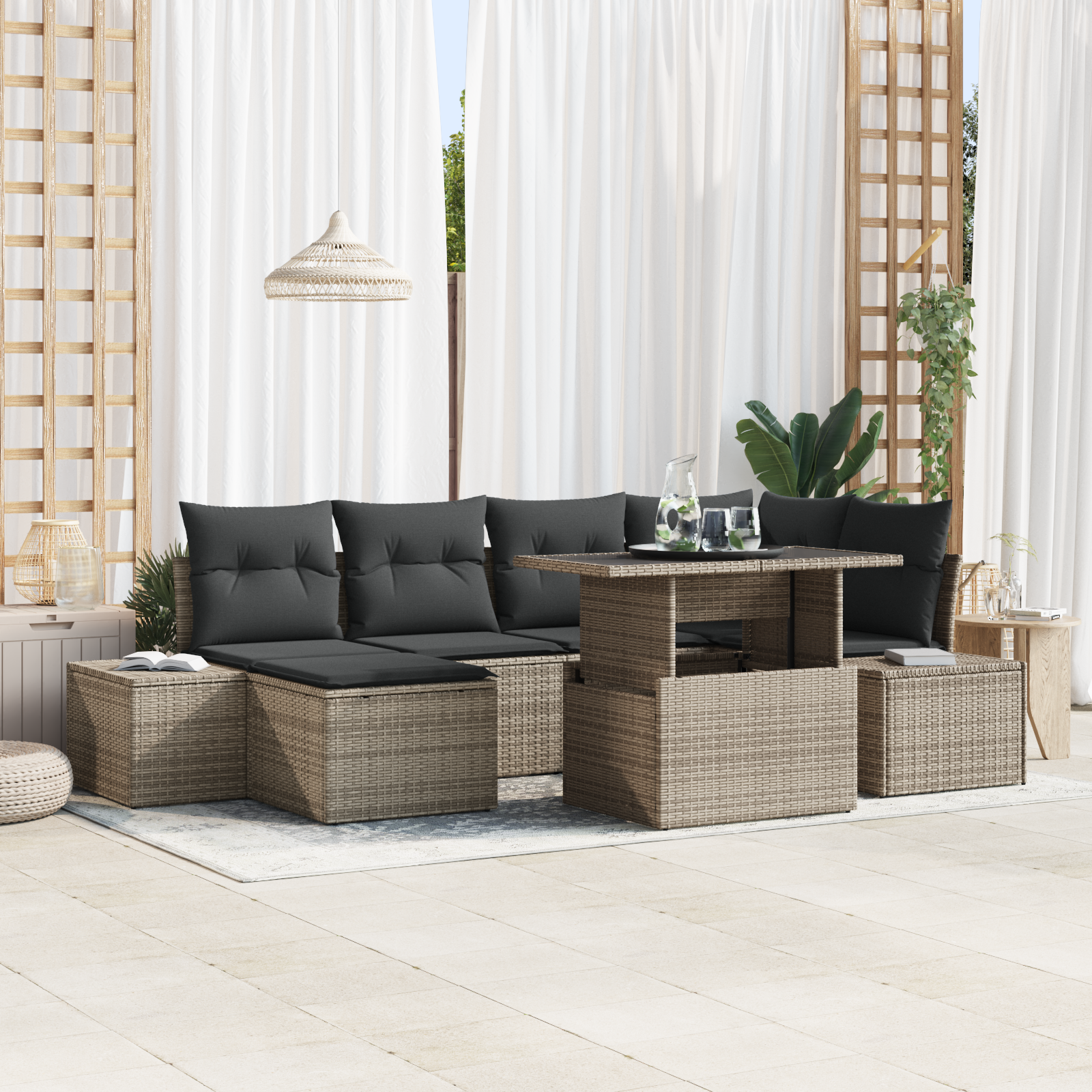 Set di divani da giardino 7 pezzi con cuscini in polyrattan grigio