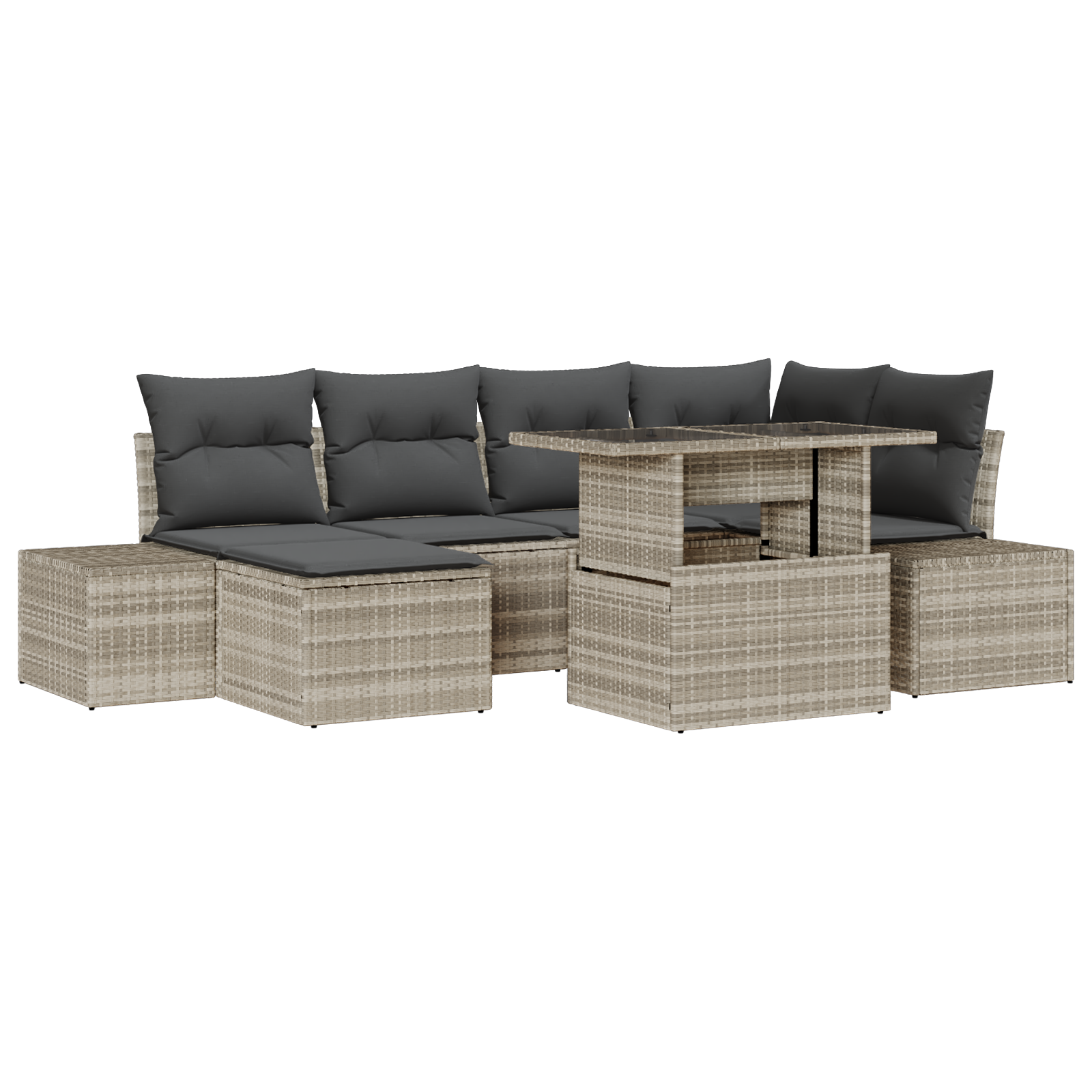 Set Divano da Giardino a 7 Pezzi con Cuscini Grigio Chiaro in Polyrattan