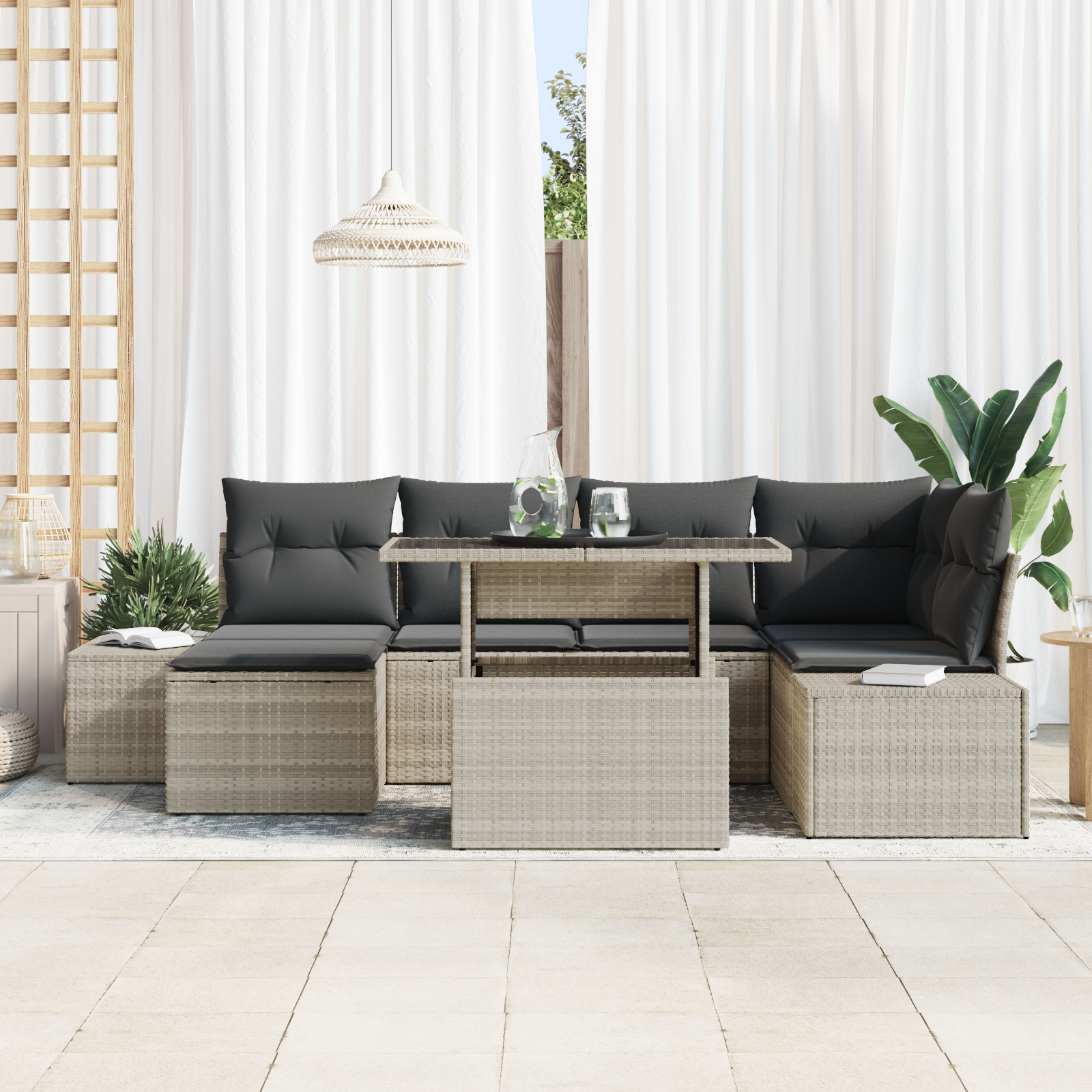Set Divano da Giardino a 7 Pezzi con Cuscini Grigio Chiaro in Polyrattan