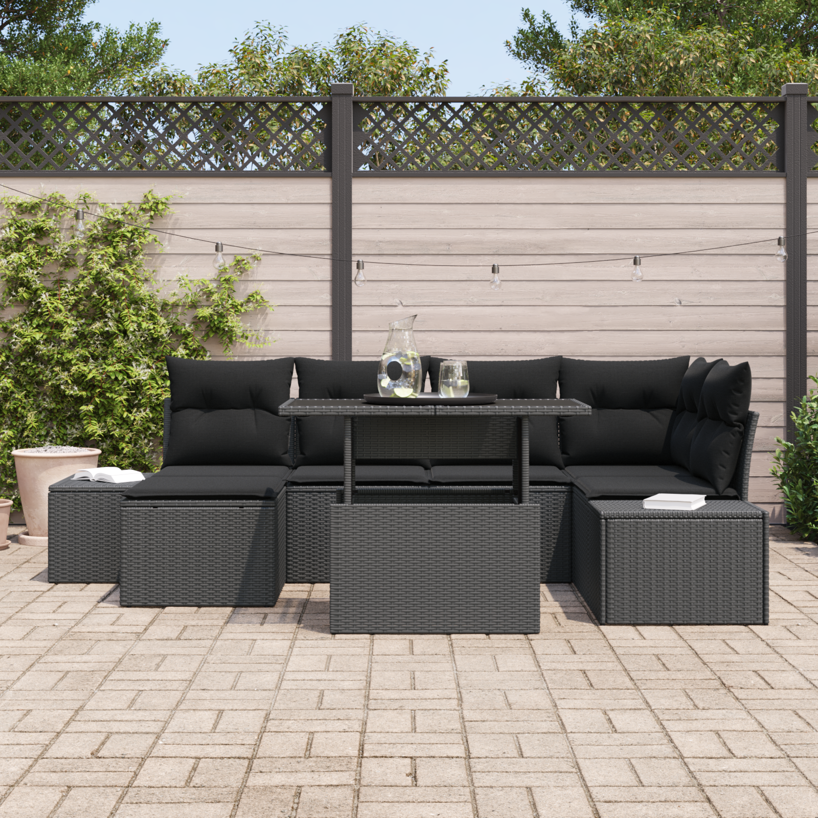 Set da Giardino in Rattan Sintetico da 7 Pezzi con Cuscini Nero