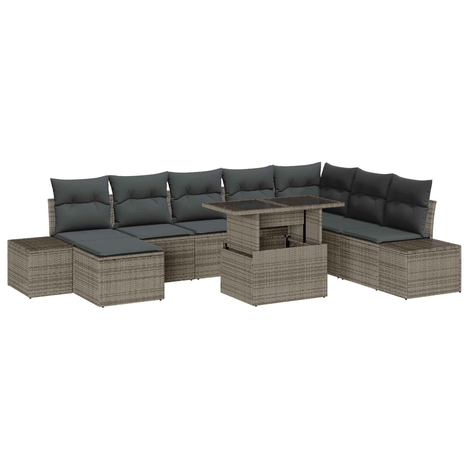 Set di divani da giardino 9 pezzi con cuscini in poly rattan grigio