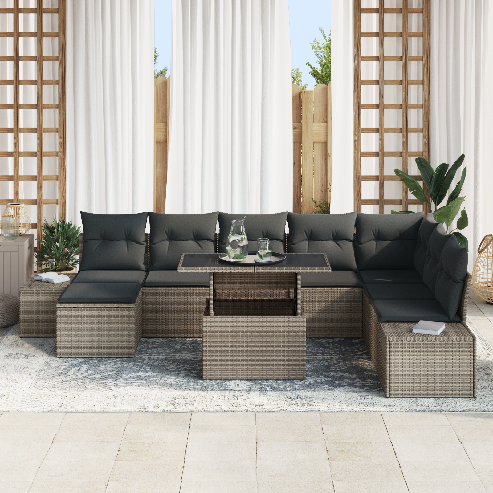 Set di divani da giardino 9 pezzi con cuscini in poly rattan grigio