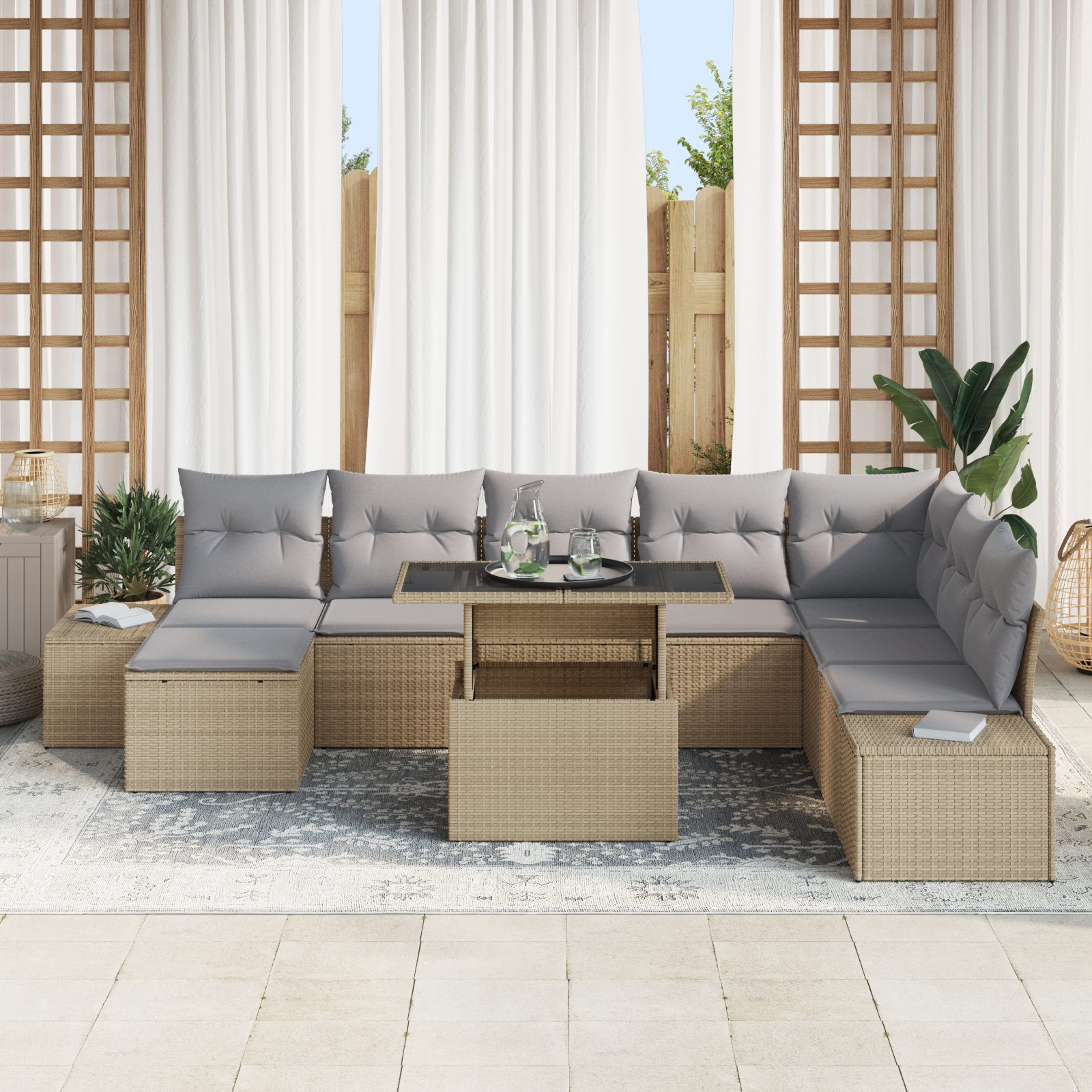 Set di divani da giardino 9 pezzi con cuscini beige in polyrattan
