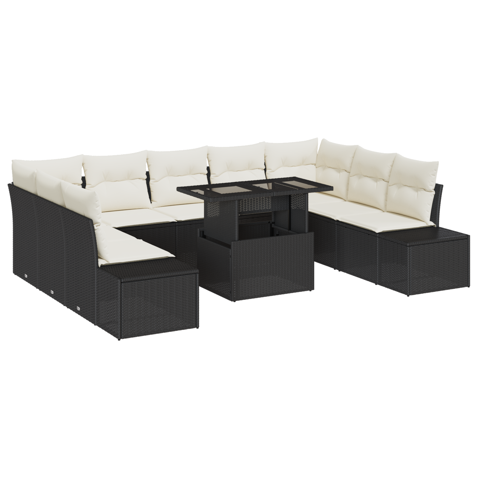 Set di divani da giardino da 10 pezzi con cuscini in polyrattan nero