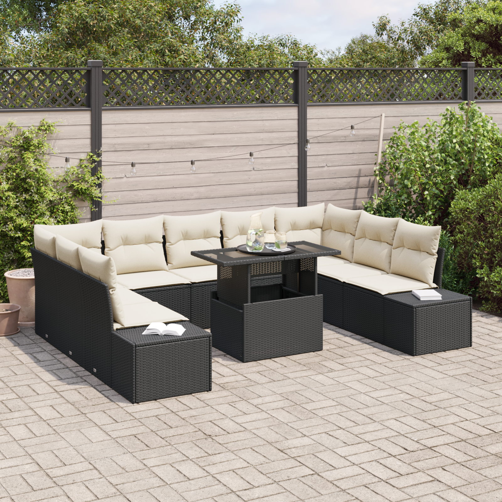 Set di divani da giardino da 10 pezzi con cuscini in polyrattan nero