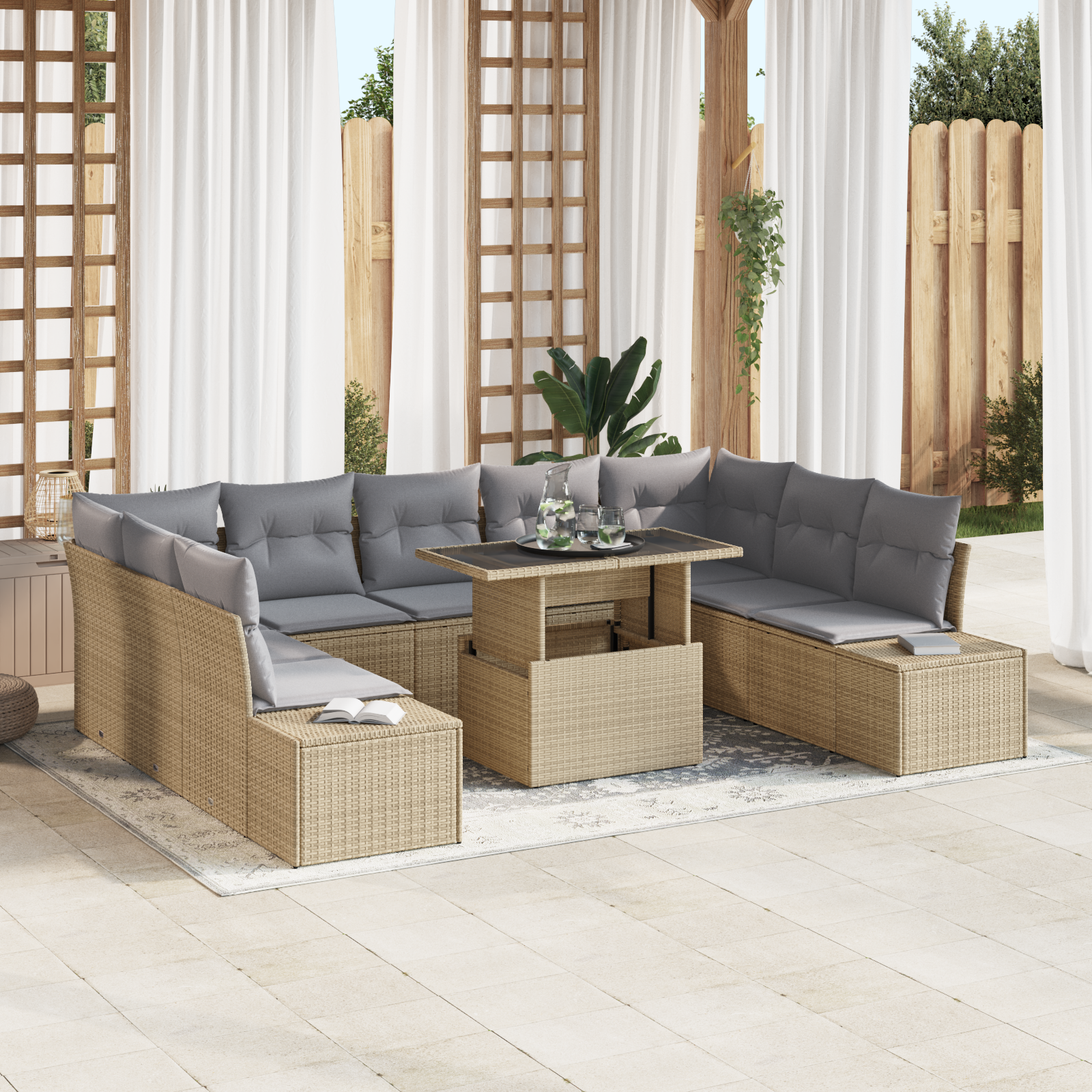 Set di divano da giardino a 10 pezzi con cuscini beige in rattan sintetico