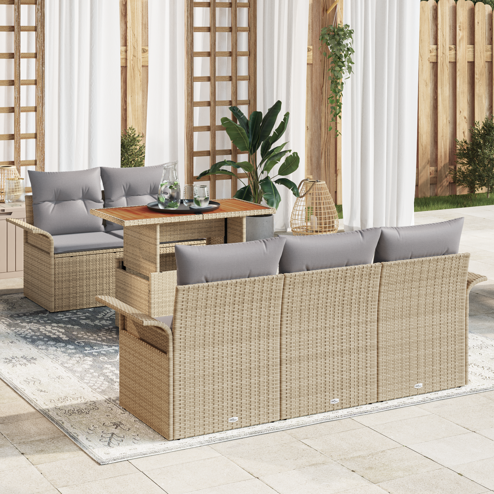 Set Divano da Giardino a 6 Pezzi con Cuscini Beige Polyrattan Acacia