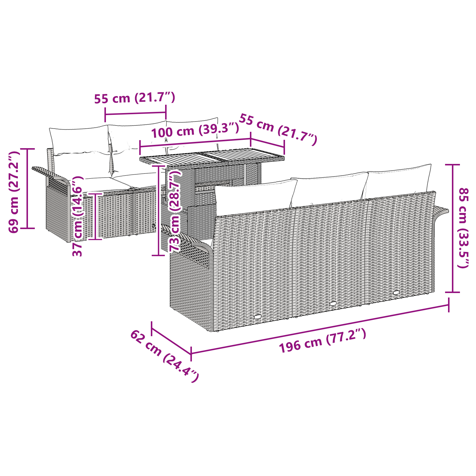 Set di divani da giardino da 7 pezzi con cuscini neri in polyrattan acacia