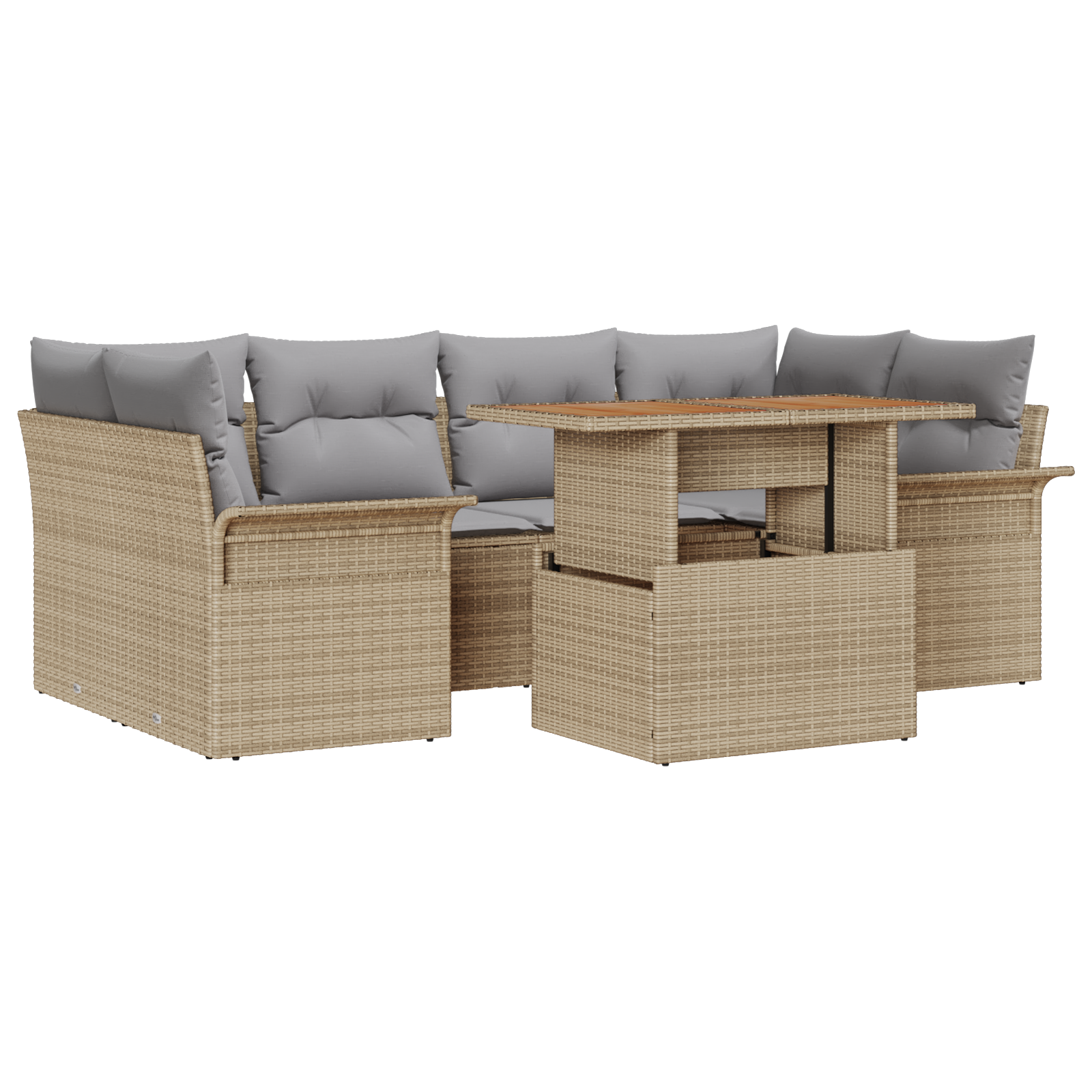 Set Divano da Giardino da 7 Pezzi con Cuscini Beige in Rattan Sintetico e Acacia
