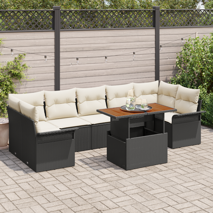 Set Divano da Giardino 8 Pezzi con Cuscini Nero Rattan PE Acacia