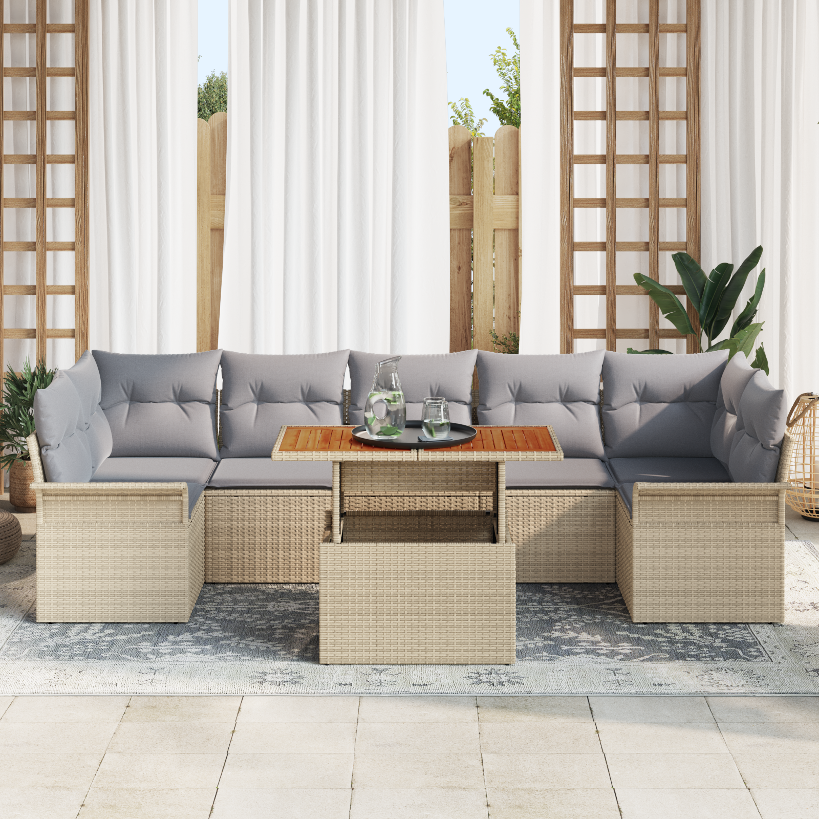 Set di Divani da Giardino a 8 pezzi con Cuscini Beige Polyrattan Acacia