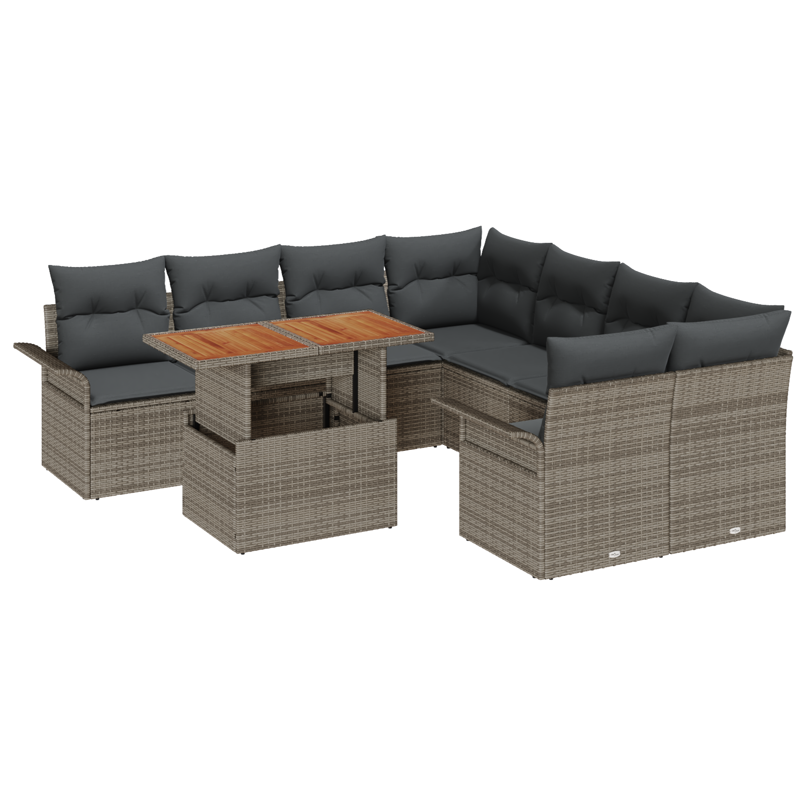 Set da giardino 9 pezzi con cuscini grigio in rattan sintetico e acacia