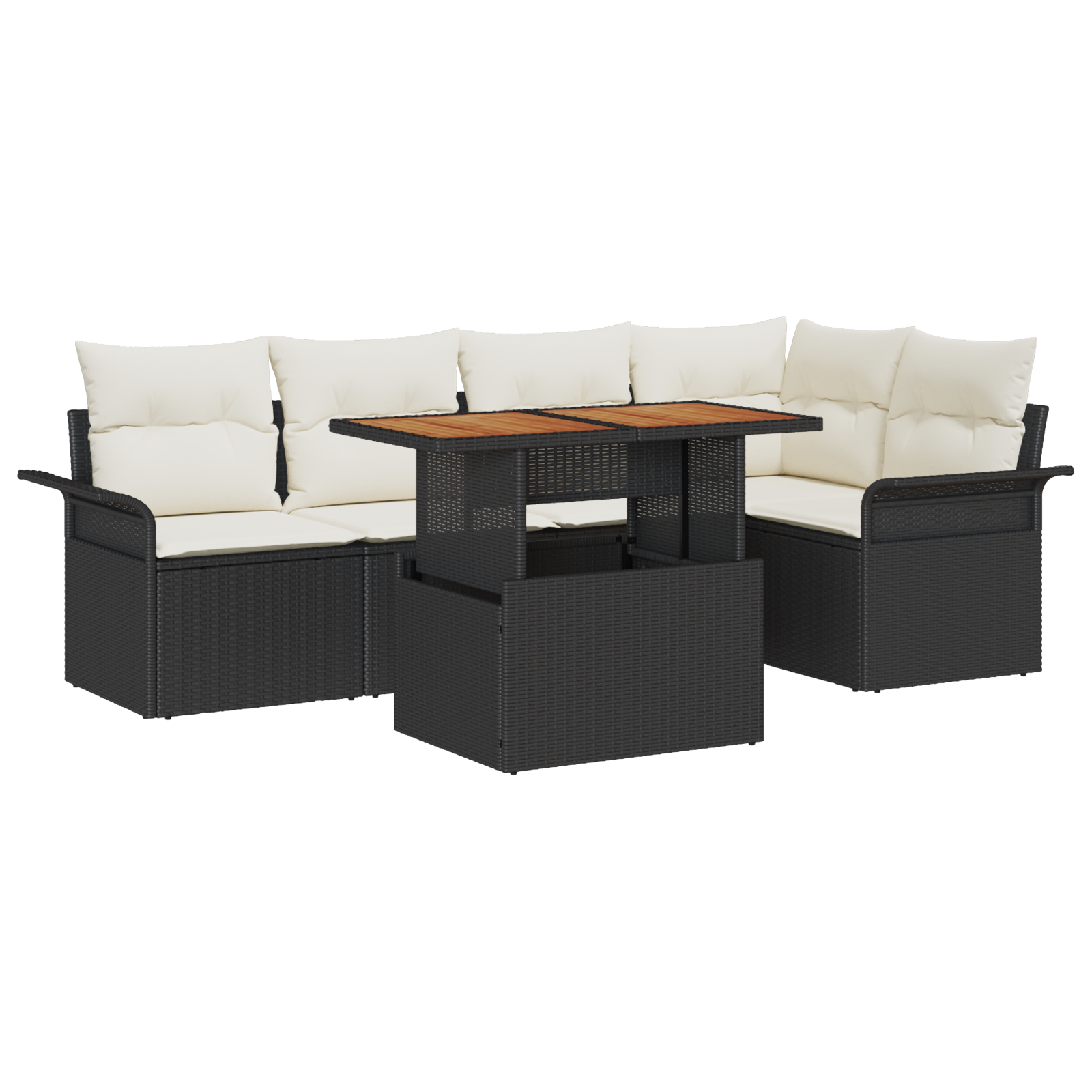 Set da pranzo da giardino di 6 pezzi con cuscini Nero polirattan Acacia