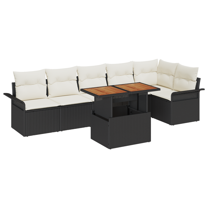 Set da pranzo giardino 7 pezzi con cuscini in polyrattan nero e acacia