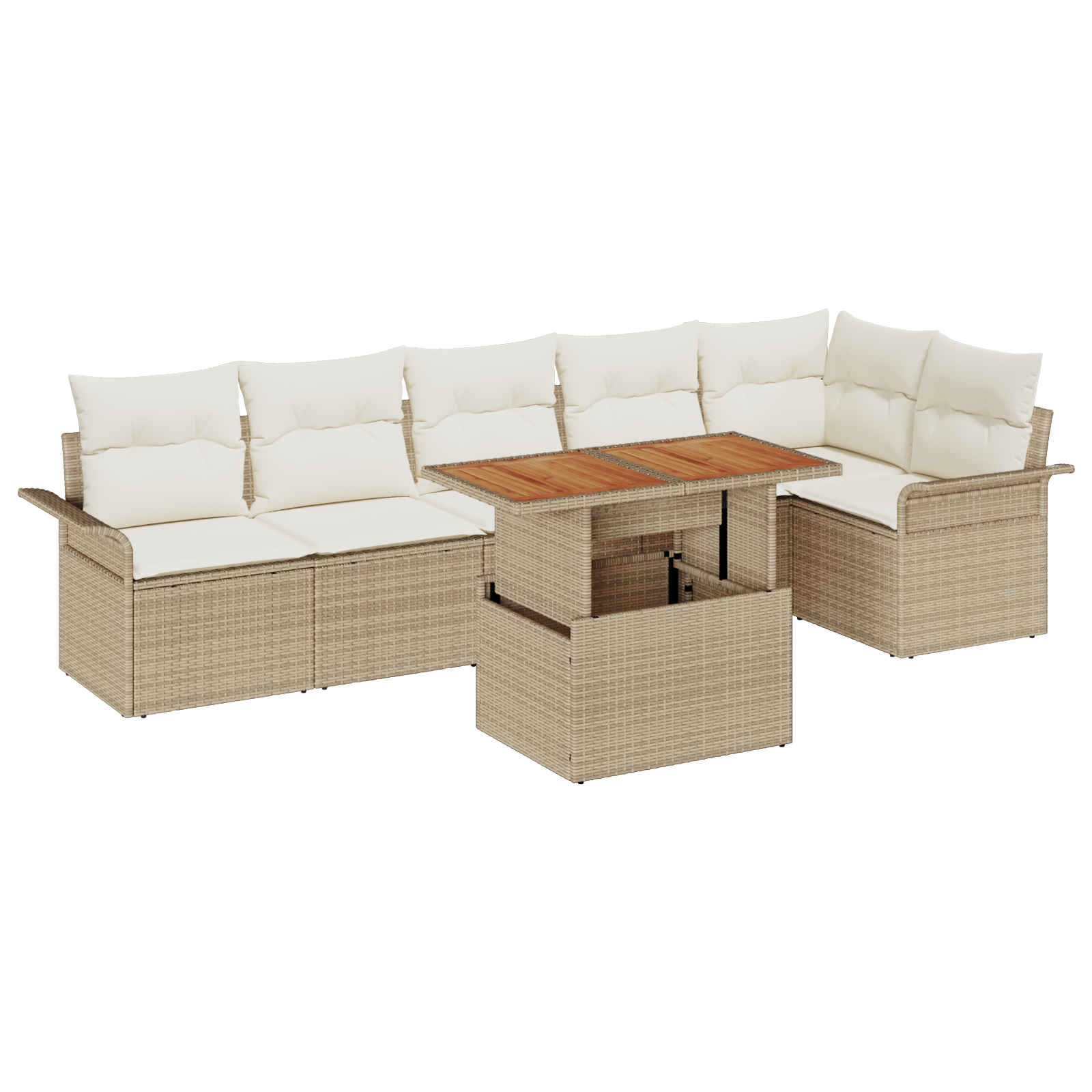 Set da Pranzo da Giardino di 7 Pezzi con Cuscini Beige Polyrattan Acacia