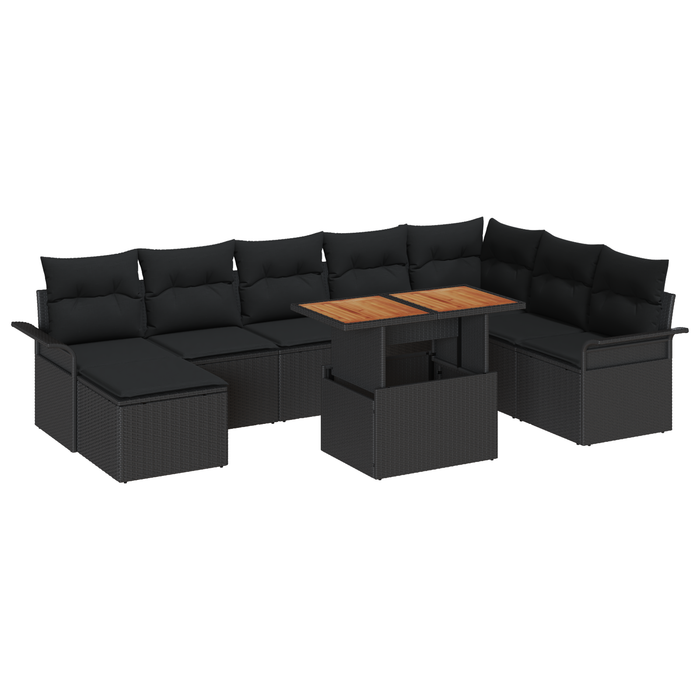 Set da Pranzo Giardino 9 Pezzi con Cuscini Nero Rattan Acacia
