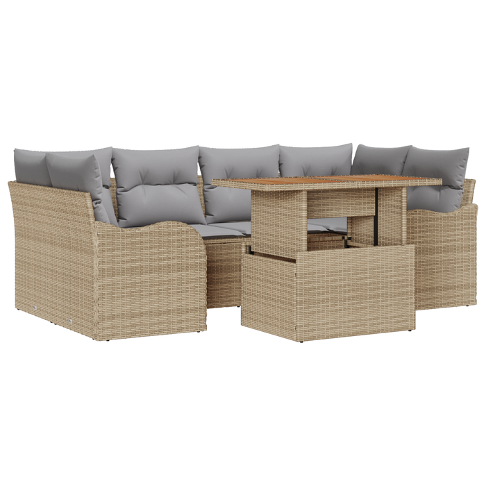 Set Divano da Giardino in 7 Pezzi con Cuscini Beige Rattan Poly Acacia