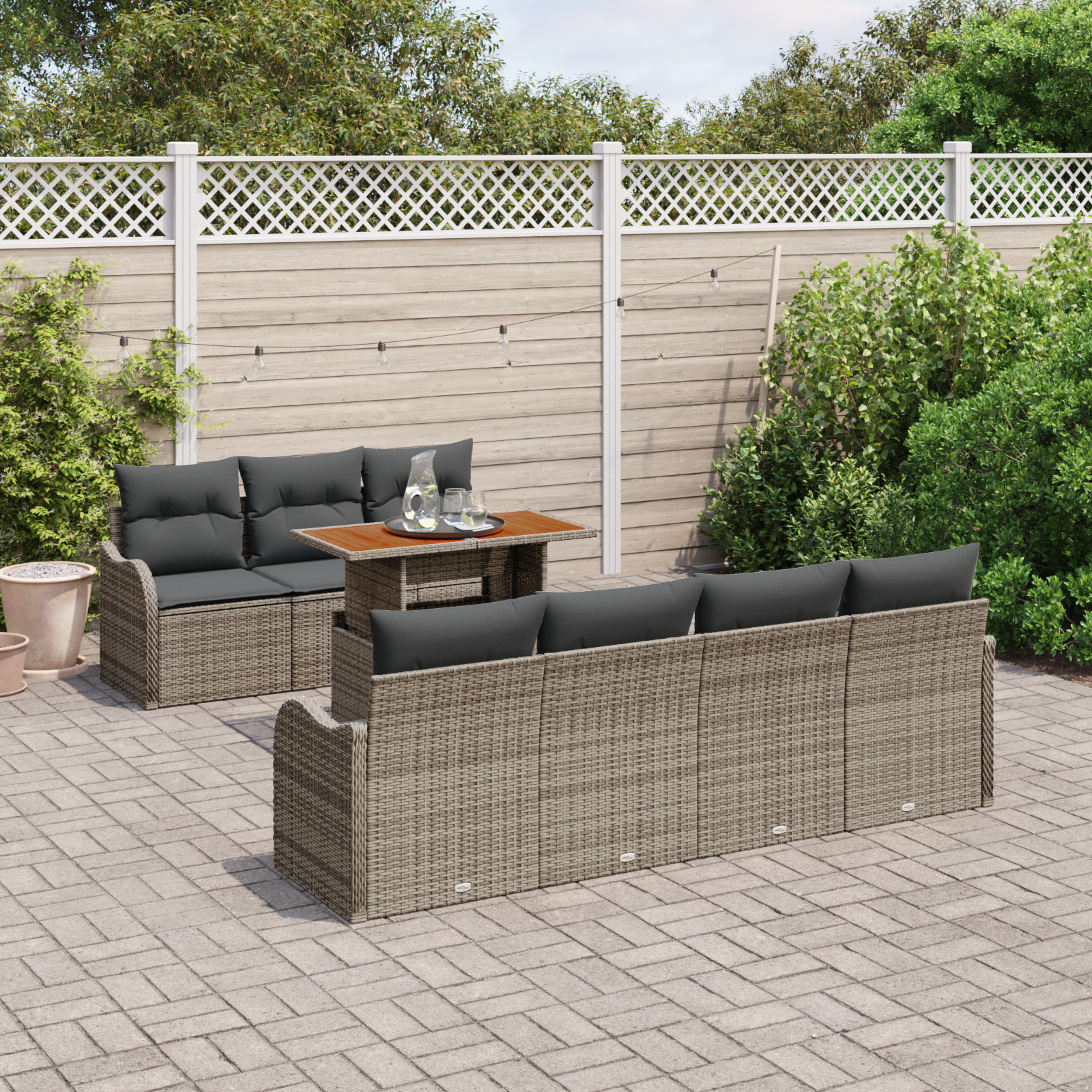 Set di Sofà da Giardino con Cuscini  8 Pezzi Grigio in Rattan Poly Acacia