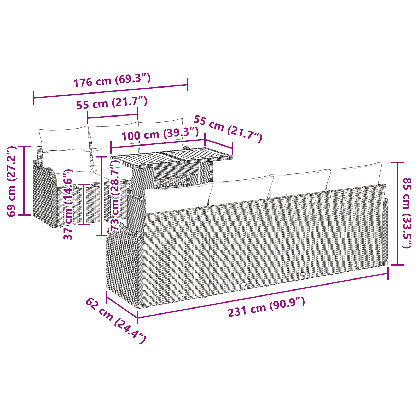 Set di Sofà da Giardino con Cuscini  8 Pezzi Grigio in Rattan Poly Acacia