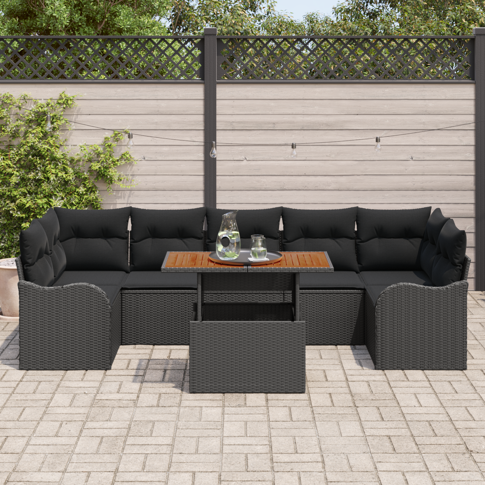 Set da Giardino  con Cuscini da 8 Pezzi Nero Rattan Polietilene Acacia