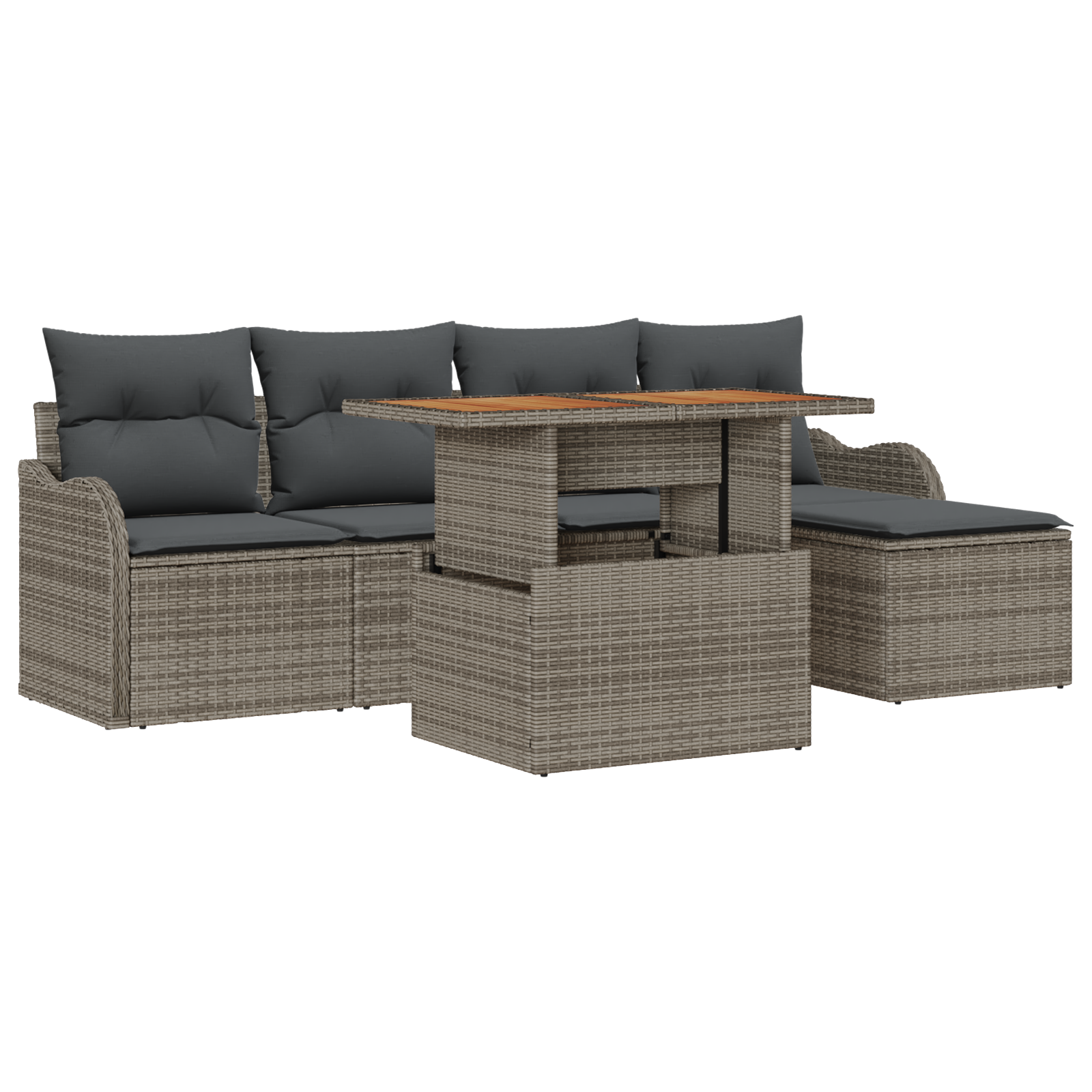 Set di Divani da Giardino 6 Pezzi con Cuscini Grigio Rattan Polimerico Acacia