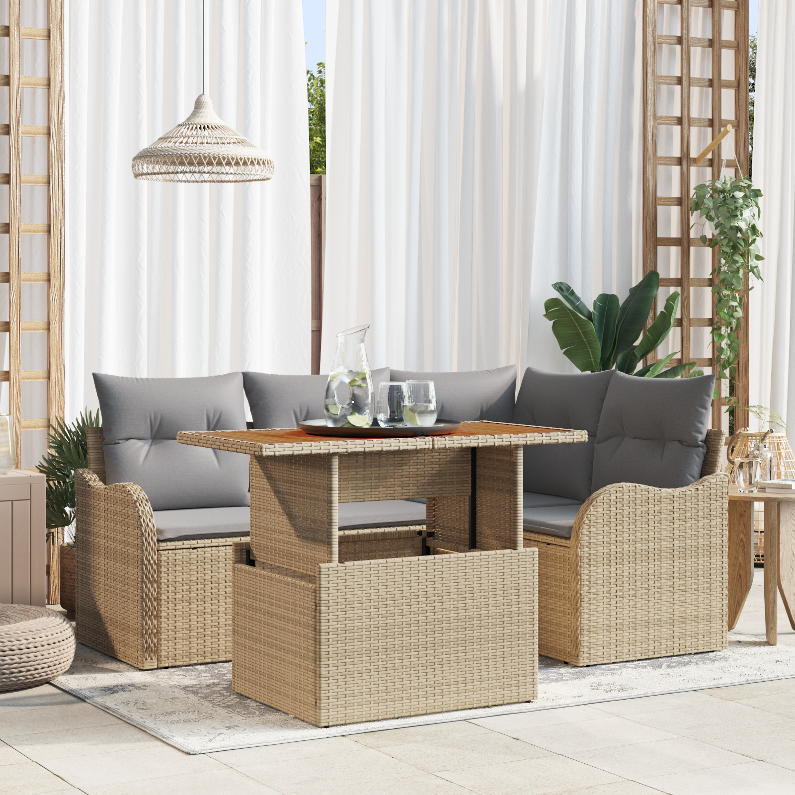 Set di divano da giardino 5 pezzi con cuscini Beige Polirattan Acacia