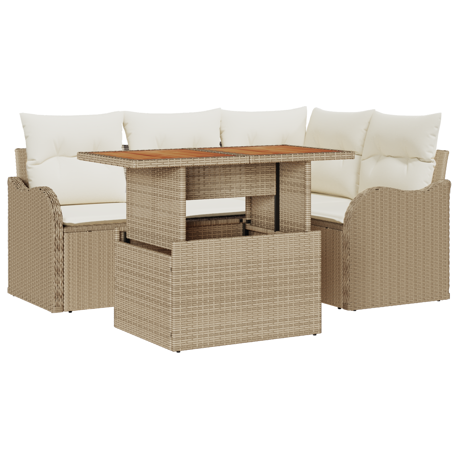 Set divani giardino 5 pezzi con cuscini beige in rattan sintetico e acacia
