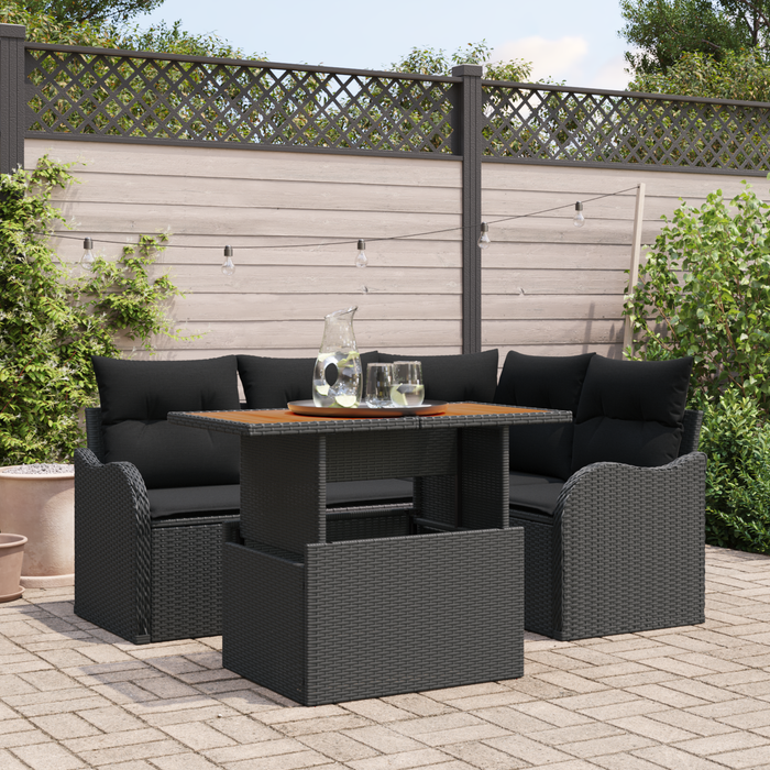 Set Divano da Giardino di 5 Pezzi con Cuscini Nero Rattan