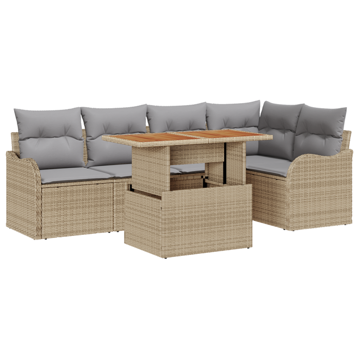 Set Divano da Giardino  6 Pezzi con Cuscini Beige Polyrattan Acacia