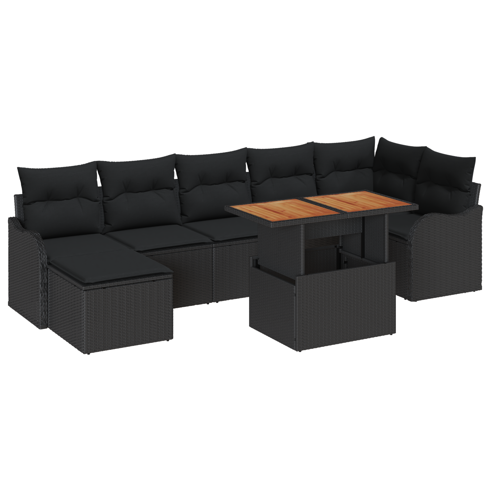 Set di divani da giardino a 8 pezzi con cuscini in polirattan nero e acacia