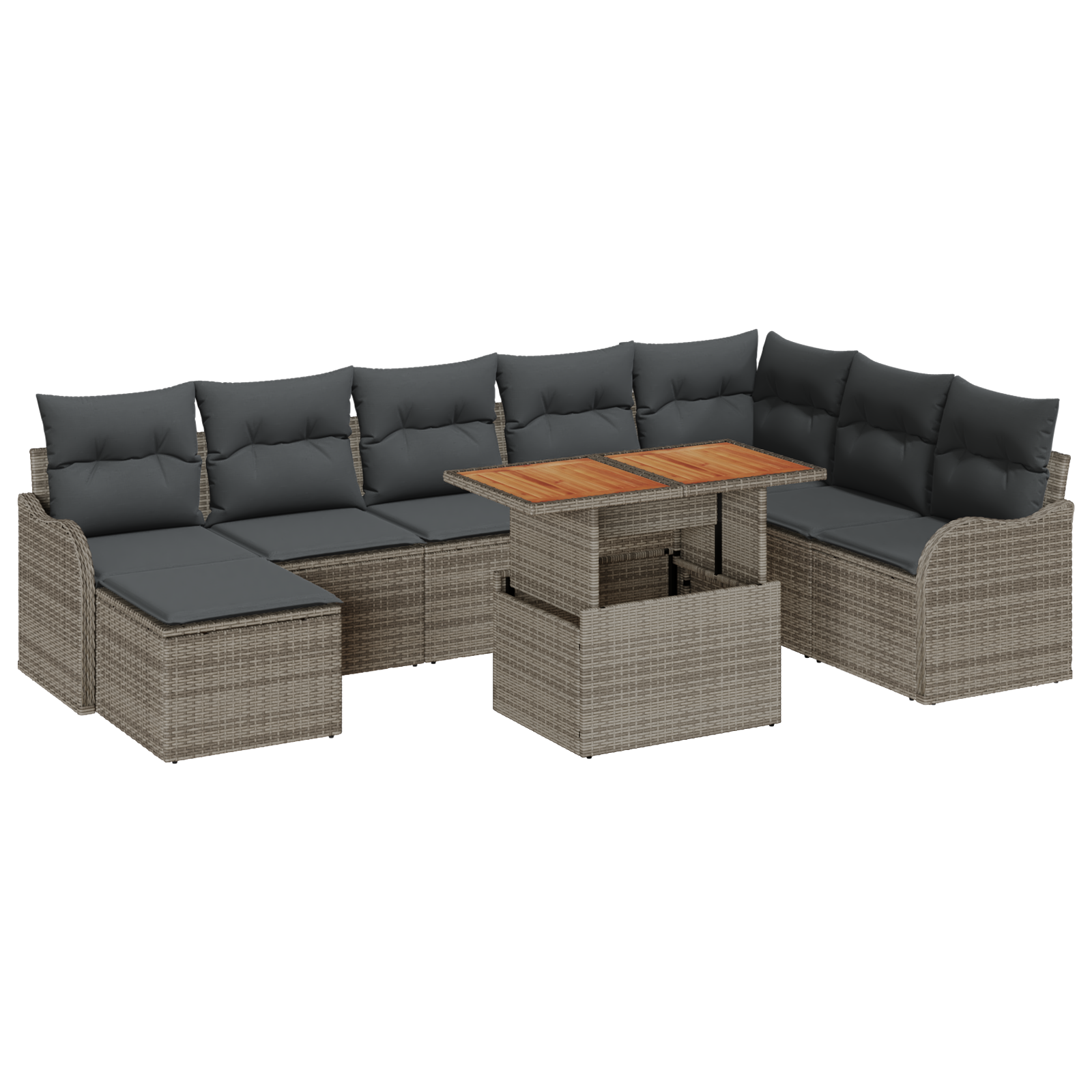 Set Divano da Giardino 9 Pezzi con Cuscini Grigio Polyrattan Acacia