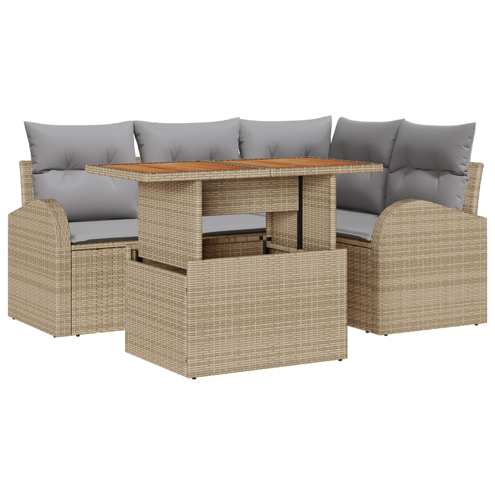 Set da Pranzo da Giardino da 5 Pezzi con Cuscini Beige in Rattan Polipropilene
