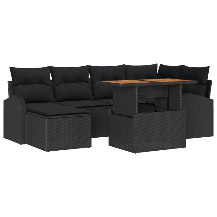 Set Pranzo Giardino 7 Pezzi con Cuscini Nero Polyrattan Acacia