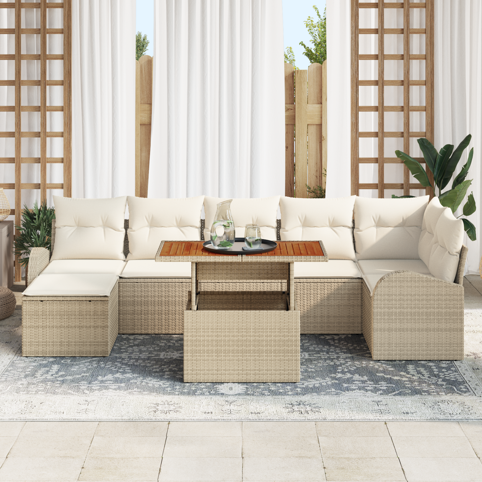 Set da Pranzo da Giardino a 8 Pezzi con Cuscini Beige in Polyrattan Acacia