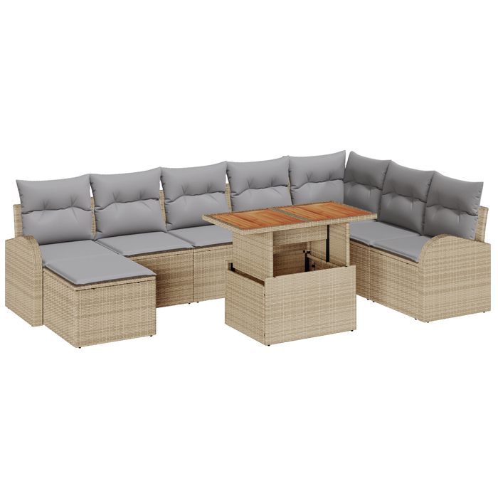 Set da pranzo da giardino con cuscini 9 pezzi beige polyrattan acacia