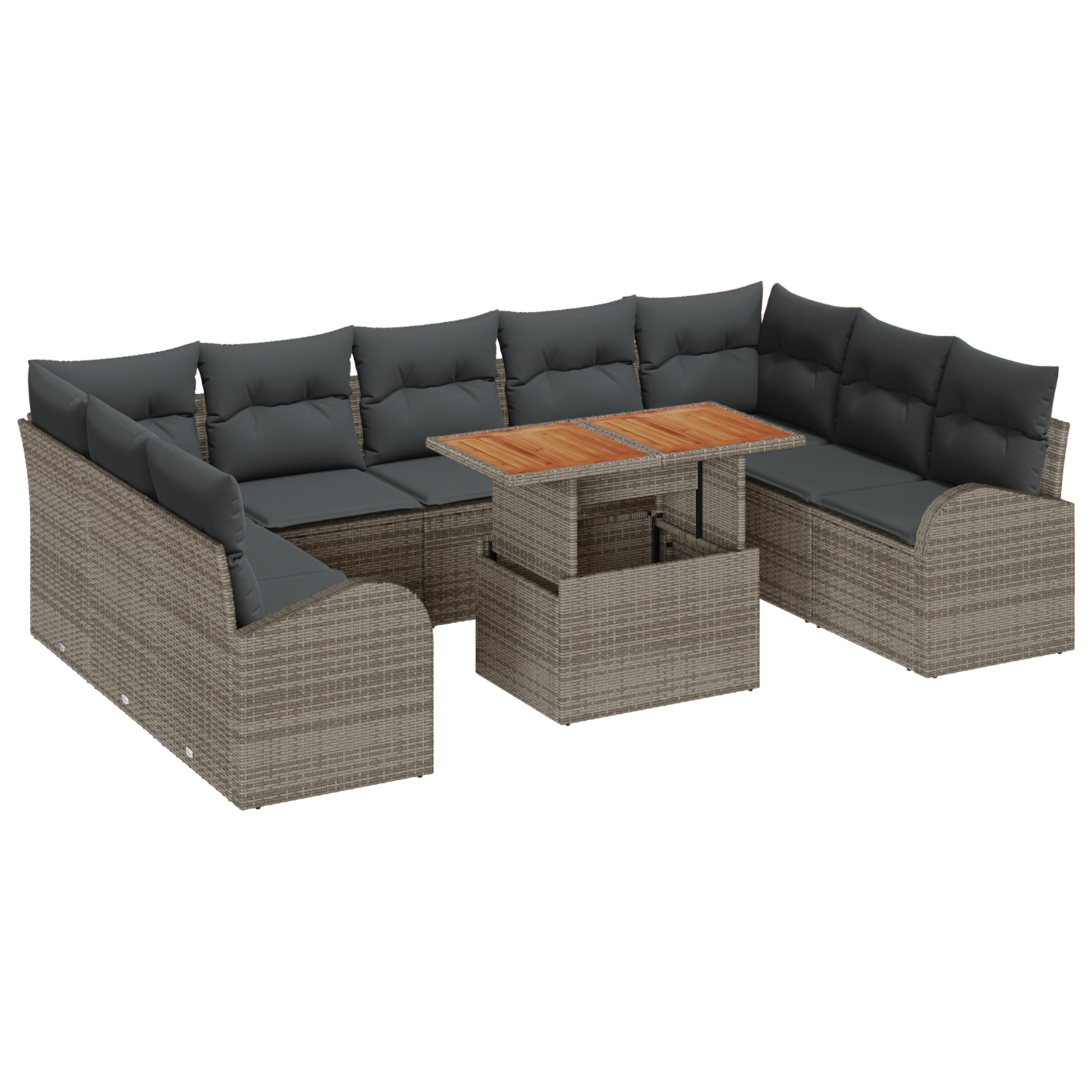 Set da Pranzo da Giardino a 10 Pezzi con Cuscini Grigio Polyrattan Acacia