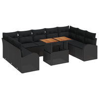Set Pranzo Giardino 10 Pezzi Cuscini Nero Polyrattan Acacia