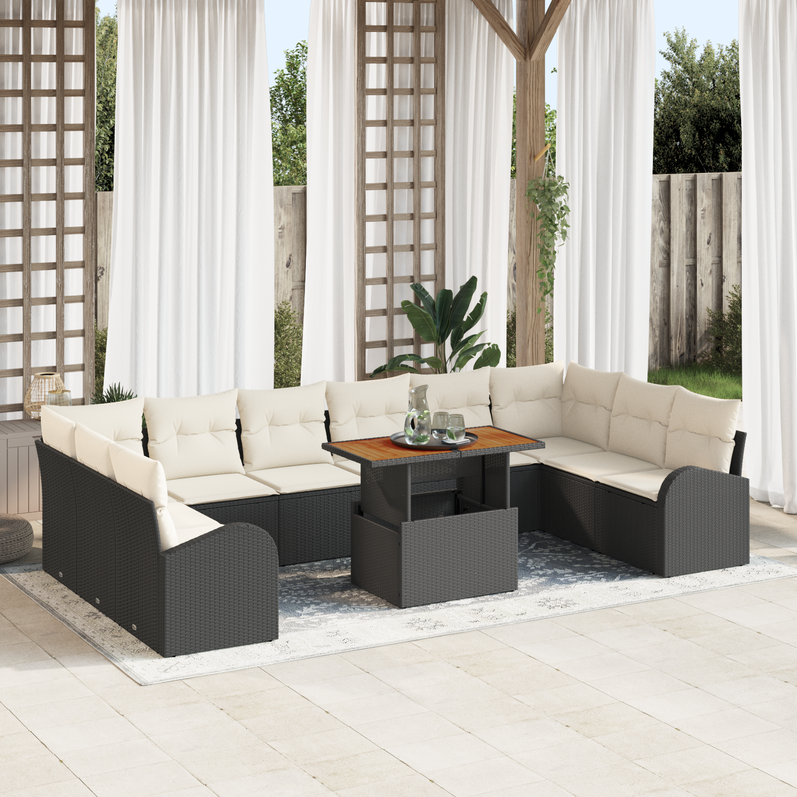 Set da Pranzo da Giardino da 11 Pezzi con Cuscini Rattan Polirattan Nero Acacia