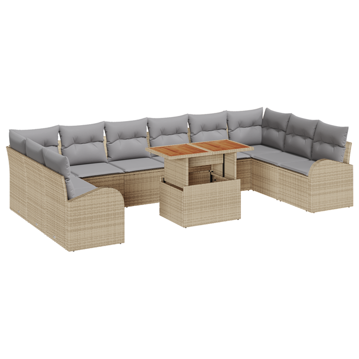 Set da Pranzo Giardino 11 Pezzi con Cuscini Beige Polyrattan Acacia