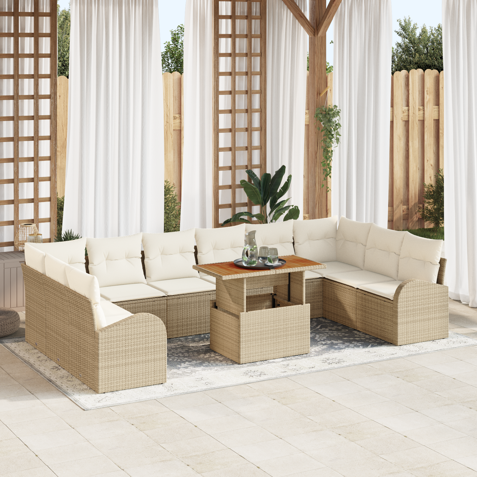 Set da Pranzo da Giardino 11 Pezzi con Cuscini Beige Rattan Acacia
