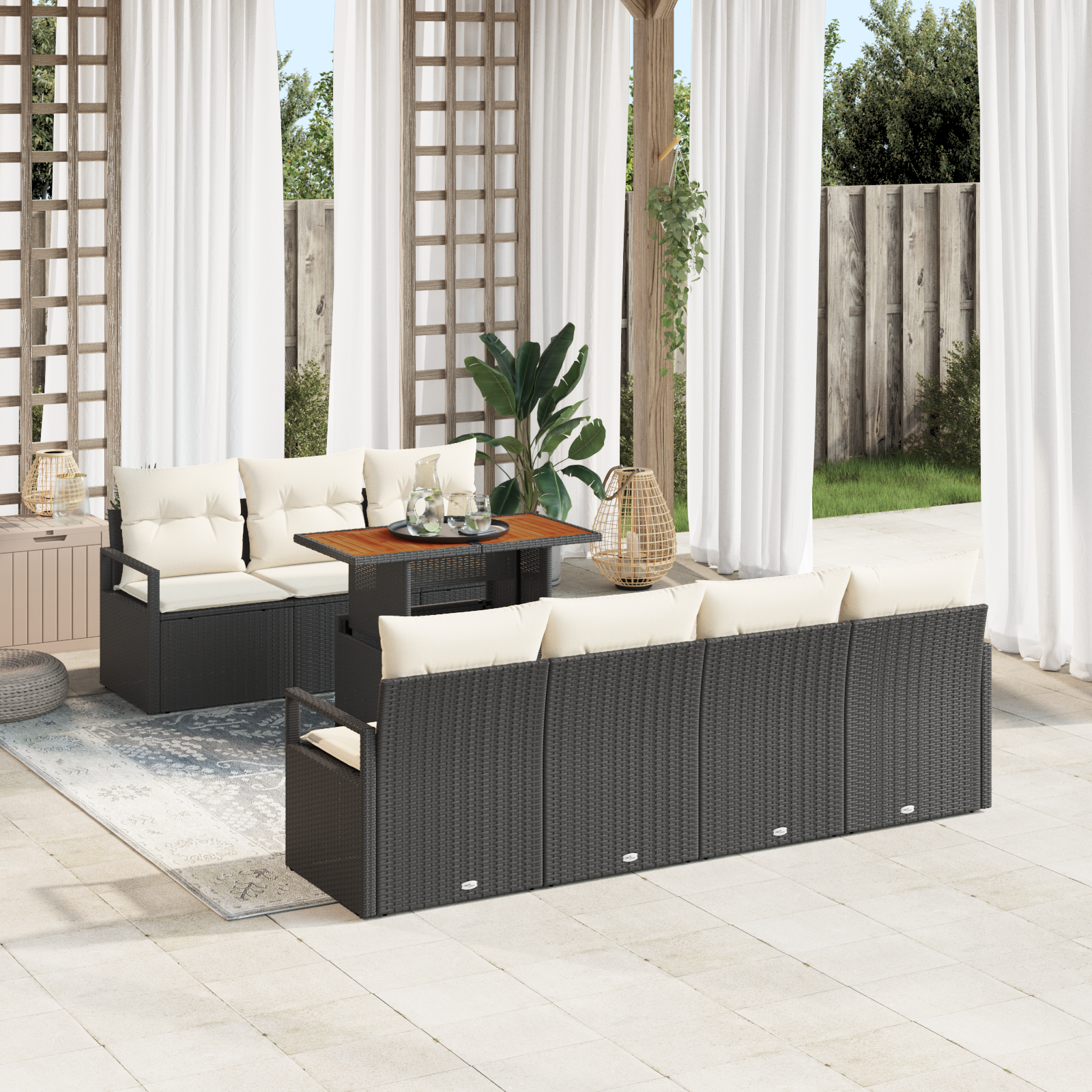 Set di Divani da Giardino 8 Pezzi con Cuscini in Polirattan Nero Acacia