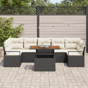 Set di Sofà da Giardino in 8 Pezzi con Cuscini Nero Rattan Polietilenico Acacia
