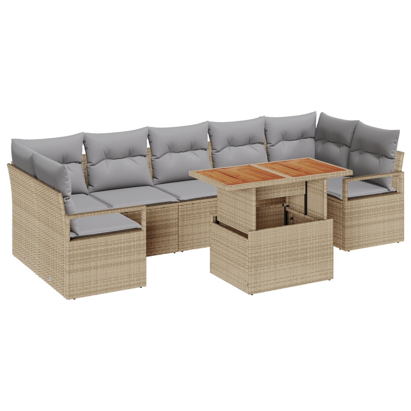 Set divano da giardino di 8 pezzi con cuscini in polyrattan beige e acacia