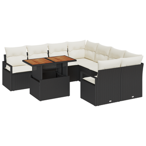 Set Divani da Giardino 9 Pezzi con Cuscini Nero Polyrattan Acacia