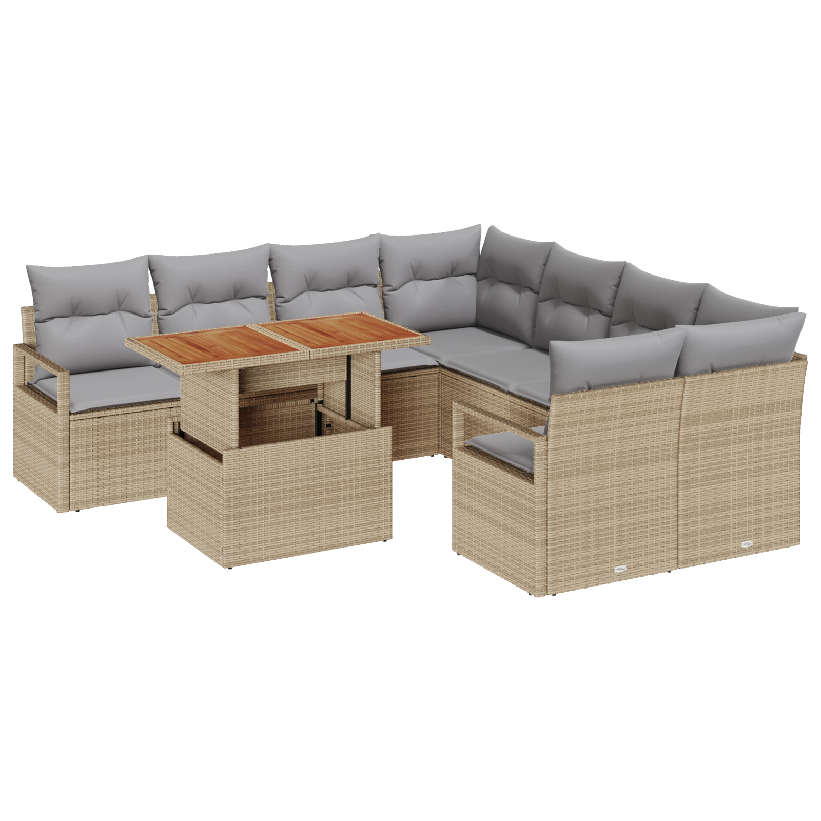 Set di divani da giardino 9 pezzi con cuscini beige in polirattan acacia