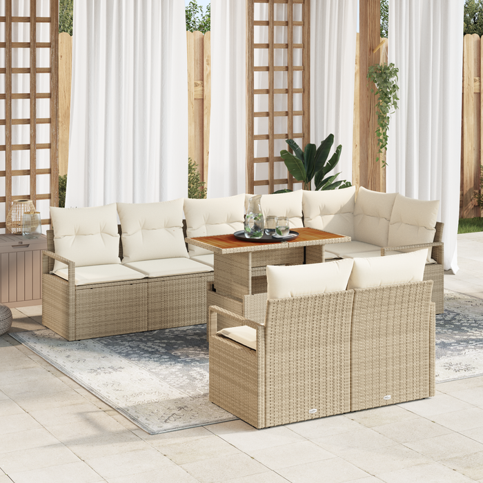 Set di Divani da Giardino 9 Pezzi con Cuscini Beige Polyrattan Acacia